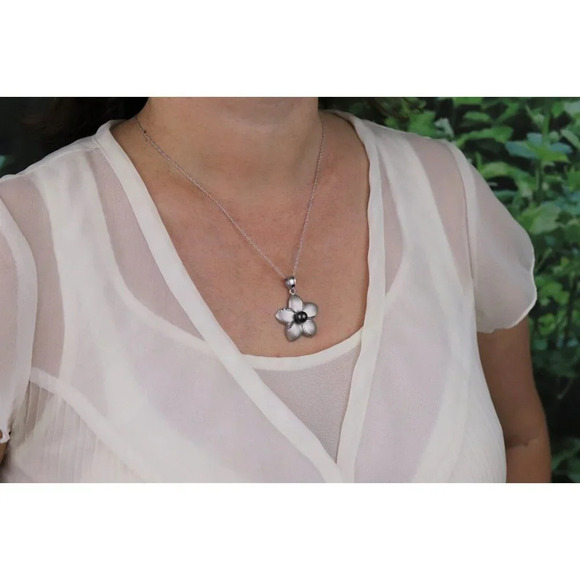 Pendant Only Large 14k White Gold Black Pearl Plumeria Flower Pendant - Picture 3 of 6